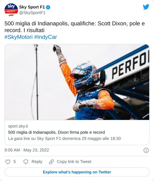 500 miglia di Indianapolis, qualifiche: Scott Dixon, pole e record. I risultati#SkyMotori #IndyCar https://t.co/fsjv34dJ6U  — Sky Sport F1 (@SkySportF1) May 23, 2022