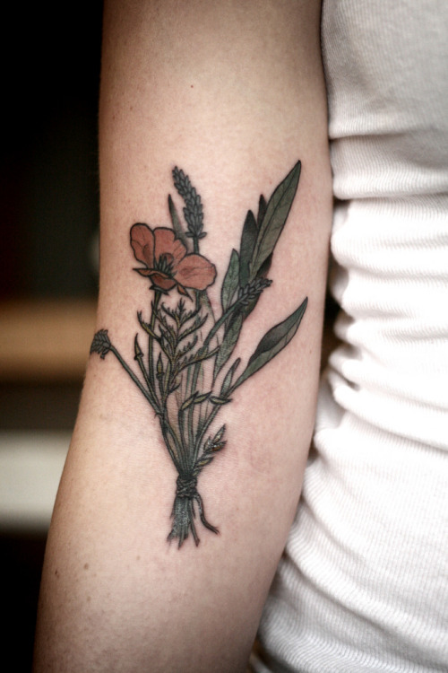 fuckyeahtattoos:Wildflower bouquet tattoo by Alice Carrier at Wonderland Tattoo in Portland, OR