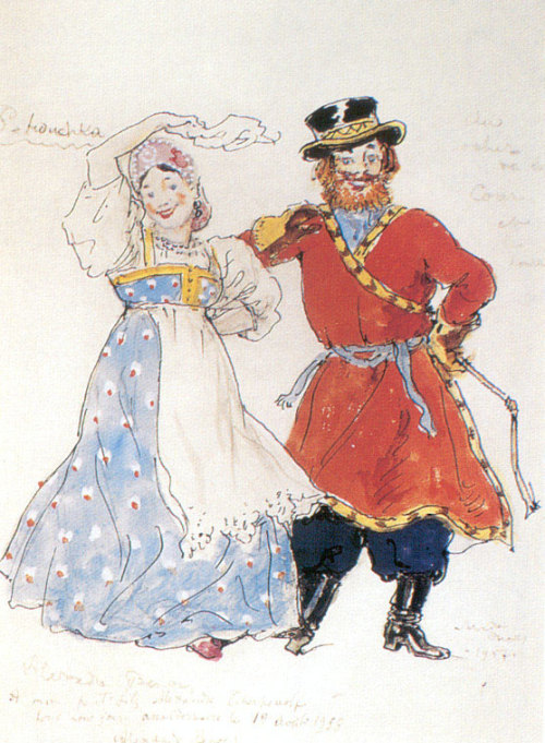 A coachman and a nurse.Costume design, 1957, Alexandre BenoisMedium: gouache,graphite,ink,paper