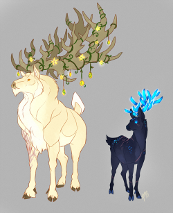hornedfreak:  Some concepts of Maiara’s druid husband… as a deer. He finally got his arm healed in Pandaria, so he can do druid things to a full extent again. And Druid!AU Rayvero who’s a DOE so she has no actual antlers, but instead has floaty