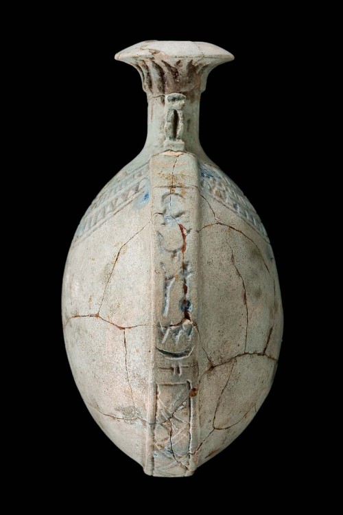 ancientpeoples:  New Year’s FlaskLate Period Egypt, Dynasty 26, ca. 664–525 B.C.Found at Tell el-Yahudiya (Leontopolis) in 1905-6; excavated by W. M. F. Petrie for the Egyptian Research Account and presented to the MFA.This small (12.5 cm x 9.5 cm)