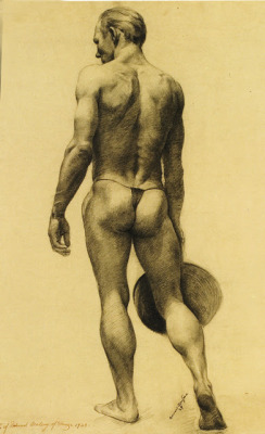 monsieurlabette:  Edward Orestuk Drawing of a Male Nude Holding a Hat, 1939. Graphite on paper 