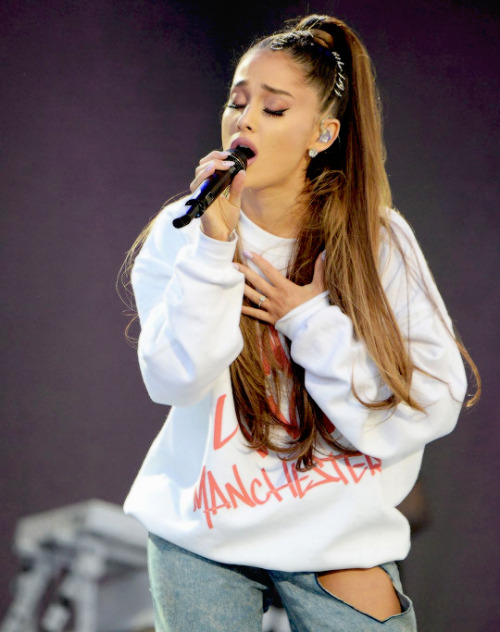 arigrande-edits:Ariana Grande performing at the One Love Manchester benefit concert in Manchester, E