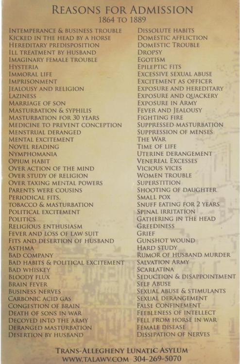 captainlitebrite:kellysue:newageamazon:List of reasons for admittance to an insane asylum. Female di