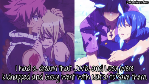 fairytailconfess:    I had a dream that Juvia and Lucy were kidnapped and Gray went with Natsu to save them. So, long story short, when they were reunited Natsu and Lucy went at it like rabbits. But Gray and Juvia didn’t cause they just weren’t horny… 
