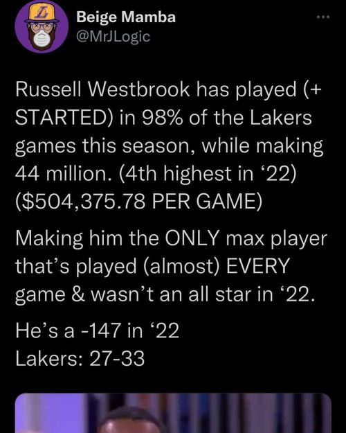 The ONLY reason Russ hasn’t been benched is because he’s making $44,211,146 for the ‘21-22 season. W