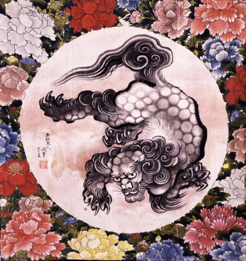 japaneseaesthetics: Karajishi Figure (1844), Japan.   Katsushika Hokusai created this artp