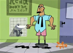 Mr. Lancer losing his pants, exposing his manly pink boxers for the whole school to laugh at and embarrass him.   Danny Phantom: S1E6 “What You Want”.