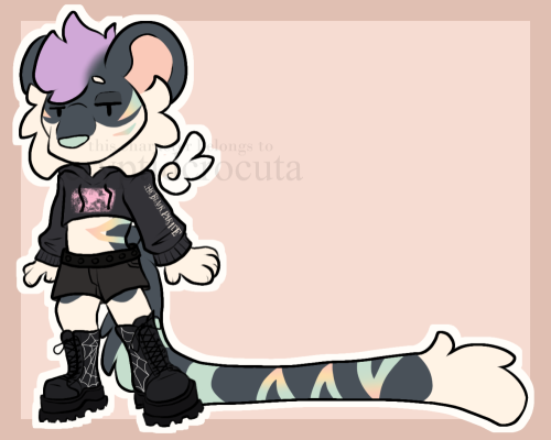 Digital art of an anthro tiger in a chibi style. They're dark blue with a white underbelly and stripes that are a gradient of pink, yellow, and turquoise. Their short hair is colored purple. They have small, feathered, white wings. They're wearing a cropped My Chemical Romance hoodie, black shorts, and black combat boots with a spiderweb design on them.