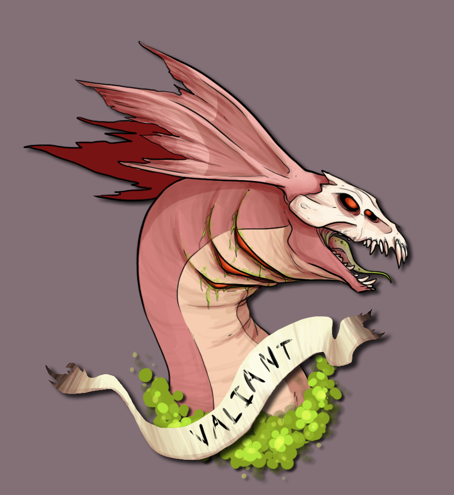 [ id: a digital drawing of Valiant the mirror dragon. it is a profile bust facing to the right, with Valiant's name on a banner around its throat. its scales are coral with a lighter beige underbelly. its skull-like face is off-white, and it two visible eyes are black with red pupils. its mouth is open, exposing its jagged teeth and greenish tongue. its ears are ragged and torn on the ends. three red gills open along its neck, which appear to be oozing something green ]