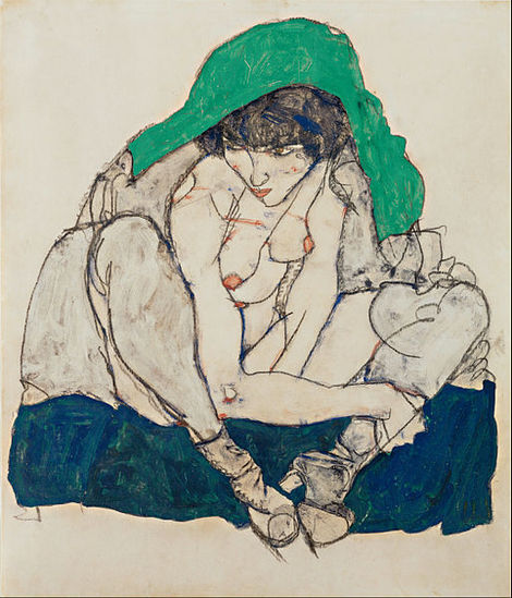 giselebechauf:  Crouching Woman with Green Headscarf 1914 Egon Schiele 