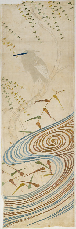 Large fragment from a Noh Costume (particular style = Nuihaku) with Egret (Sagi) and Willow Tree.  1