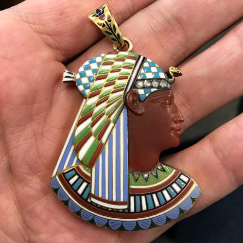 Antique Egyptian Revival Enamel Pendant, early 20th Century. Depicting a Pharaoh with a carved carne