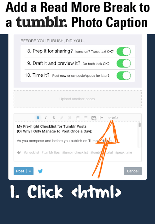 unwrapping:  Add a Read More Break to a Tumblr Photo Caption: While text posts have a handy icon to insert a read more break, other Tumblr post types do not. This example shows adding a read more break for a photo post. But this tip also works with the