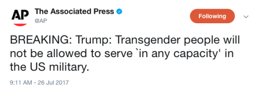 micdotcom:BREAKING:  Trump bans transgender individuals from serving in the militaryTrump announced 