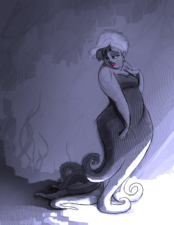 mymallorygallery:  Maybe Ursula was teased, by the mermaids, for being different. She shut out the world and grew bitter.  I want to believe she wasn’t always evil. PS. The painting part of this was done with a mouse, please excuse the extreme sloppiness