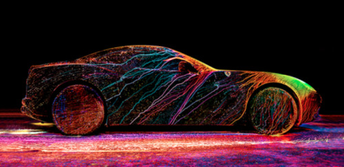 Ferrari + UV Paint + Wind Tunnel / art by Fabian Oefner.(via Ferrari UV Paint Wind Tunnel = AMAZING 