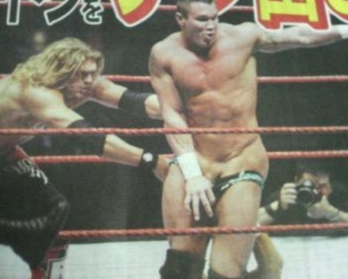 sexywrestlersspot:  An old pic of Randy’s cock being exposed. Enjoy! Follow for more hot pics of the hottest men in wrestling:http://sexywrestlersspot.tumblr.com/  Ah the famous Randy exposed cock pic! Wish those trunks could have been pulled down just