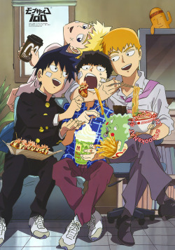 artbooksnat:  Mob Psycho 100 (モブサイコ１００) Ritsu and Ekubo try to feed Mob their snacks from “MobDonald” while Reigen and Teruki just hang out in this giant-sized poster from PASH! Magazine (Amazon US | eBay) illustrated by character