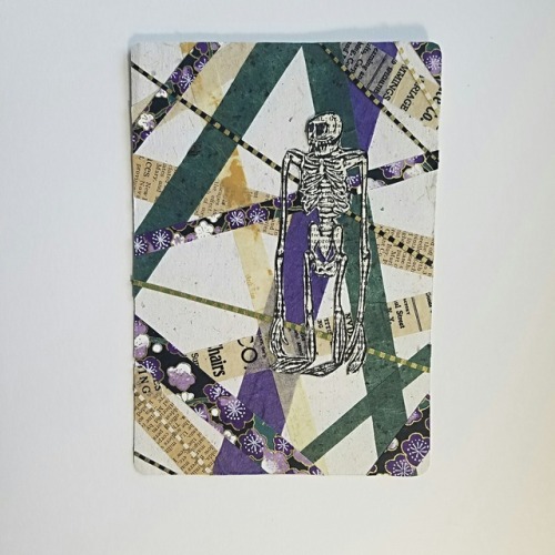 A mixed media piece featuring my latest relief print of a gibbon skeleton!