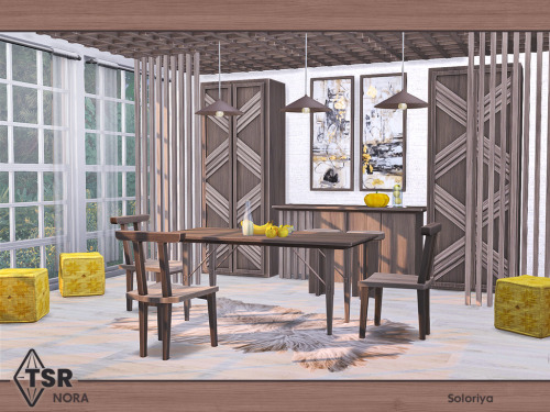 ***Nora*** Sims 4 Includes 11 objects: cabinet, ceiling beams, three ceiling lights, chair, dining t