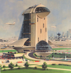 70sscifiart:  A rare future airport from 1975, one of a series by John Berkey as adverts for the Otis Elevator Company.