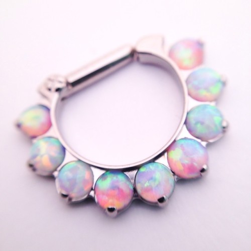 454tattoo:  Odyssey Clicker No. 12 14g 5/16 3mm White & Bubblegum @industrialstrength #industrialstrength #piercing #septum #clicker #septumclicker #hingedring #opal #odysseyclicker #isbodyjewelry #legitjewelry #454tattoo #titaniumbodyjewelry (at