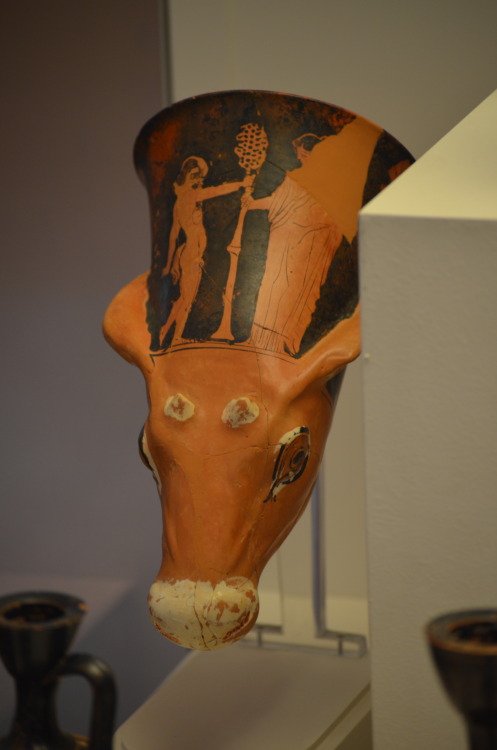 athens-archaeological-museum:  A stylish rhyton with a depiction of a satyr and a maenad. From Thebe