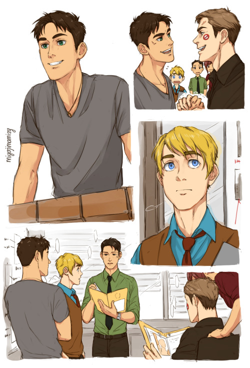 miyajimamizy:  Detective!Marco, Jean and soon to show their faces, Sasha and Connie with special agent!Eren and Armin. May or may not have a plot, and I may change the style again, frequently, maybe. I’m still sorting things out. WIP on Twitter(x).