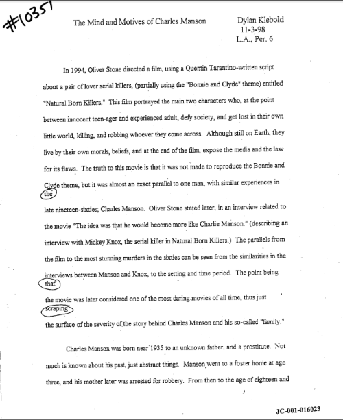 Dylan's Essay On Charles Manson (12 Pgs. '98)