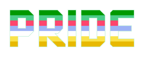 [image description: four block text banners of the word “pride” in a squared-off text, coloured in f