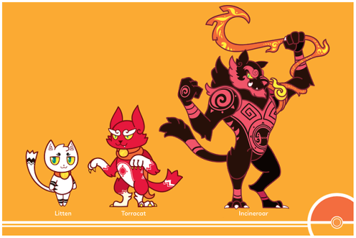 cosmopoliturtle: Pokemon Redesign #725-726-727 - Litten, Torracat, Incineroar