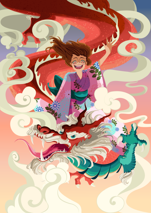 Una ilustración para una amiga en su cumpleaños :D#dragon #vector #yukata #cartoon