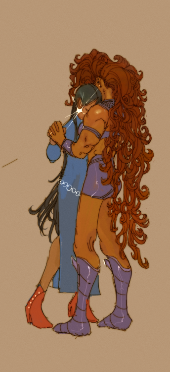 fancyfade: stained-glass-sketchbook:Slow dancing  [image: a fanart featuring raven and koriand&rsquo