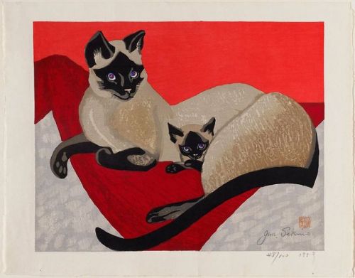 Jun'ichiro Sekino (1914 - 1988) - Siamese Cat and Kitten. 1959. Woodblock print, ink and colour on p