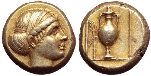 archaicwonder:Electrum Hekte from Mytilene, Lesbos, c. 375-326 BCThis is the finest of only 4 known 