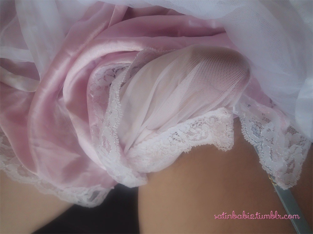 satinbabi2:  Wearing white lace bikini panties under pink satin french knickers,