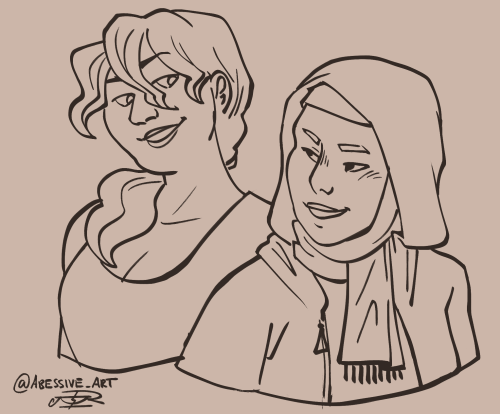 A sketch of Daisy Tonner and Basira Hussein. They are drawn from the chest up, and are smiling at eachother playfully.