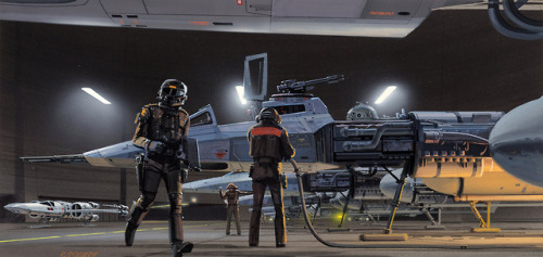 RALPH MCQUARRIE Y-Wing Fighters in the Rebel Hangar Gouache On Board8″ x 16″