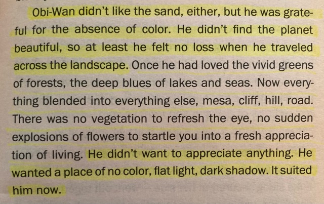 Obi-Wan didn't like the sand, either, but he was grateful for the absence of color. He didn't find the planet beautiful, so at least he felt no loss when he traveled across the landscape. Once he had loved the vivid greens of forests, the deep blues of lakes and seas. Now everything blended into everything else, mesa, cliff, hill, road. There was no vegetation to refresh the eye, no sudden explosions of flowers to startle you into a fresh appreciation of living. He didn't want to appreciate anything. He wanted a place of no color, flat light, dark shadow. It suited him now.