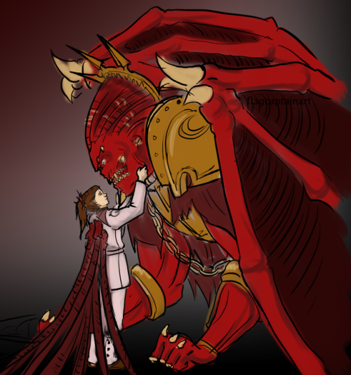 flagcaptainart: My super quick and dirty addition to #40kChaosWeek, Chaos!Lotara greeting Daemon Pri