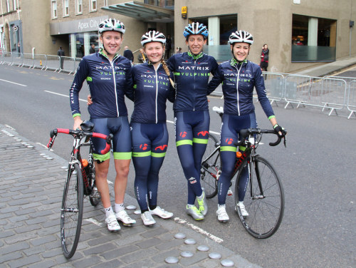 womenscycling: Jessie Walker, Harriet Owen, Helen Wyman and Penny Rowson after the Edinburgh Tour Se