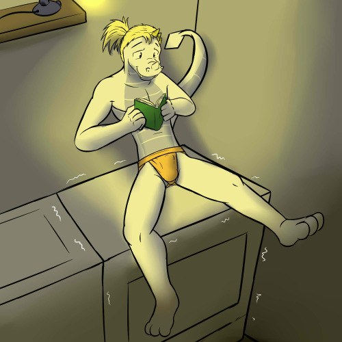 Dragons in Jocks - Barius 2The dryer hummed and shook as it did it’s job, and Barius was enjoying the unexpected upside to his predicament.  His makeshift seat was had a built in heat and massage feature, that was in direct contact with his rear area. 