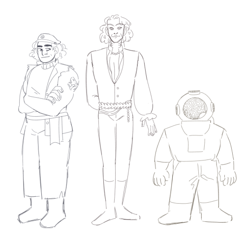 [ID: a sketch of Amber Gris, Devo LeMane, and Zoox from the adventure zone ethersea. Amber is a buil