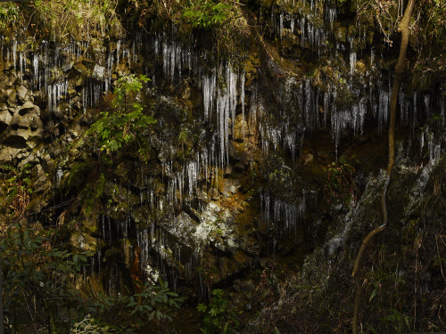 Icy wet rock wall.