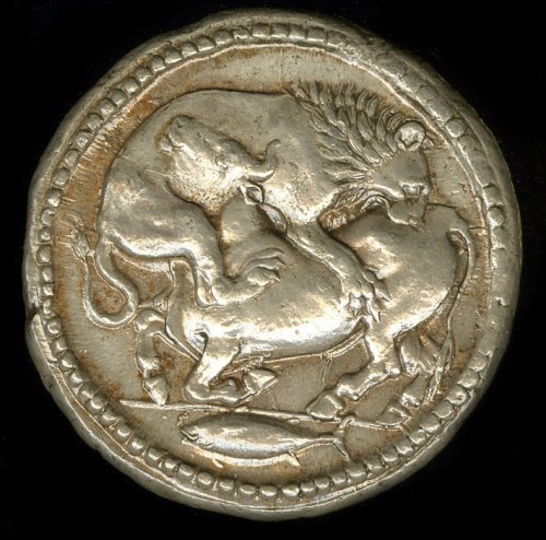 records-of-fortune: Greek. 500BC-424BC. Silver. Minted in Acanthus (Macedon). The obverse of a 