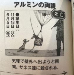 whenparadisfalls:Armin’s parents confirmed for the couple killed by the MP! Disclaimer: My translations may not be entirely accurate   From the character guidebook:  “Armin’s parents: Deceased  Planned to leave the walls using a balloon. Were killed