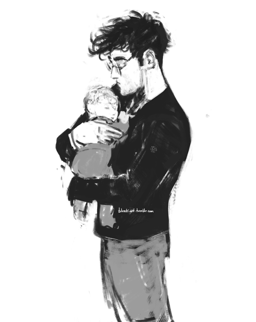 accessiblehp: blvnk-art: godfather Harry learning how to hold baby Teddy [Image Description: Black a