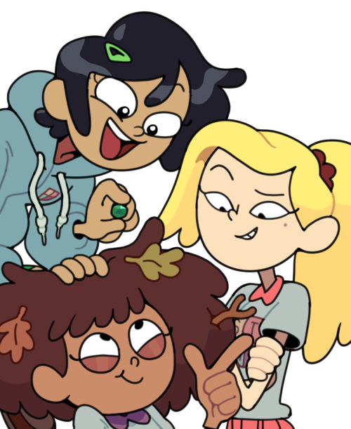 The three main human girls of Amphibia, Anne, Marcy, and Sasha, smile at each other, Marcy exuberant, Sasha smug, and Anne with a somewhat shy smile.
