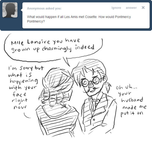 pilferingapples: playthatsadtrombone: Pontmercy would panic and overpontmercy, probably! And not jus